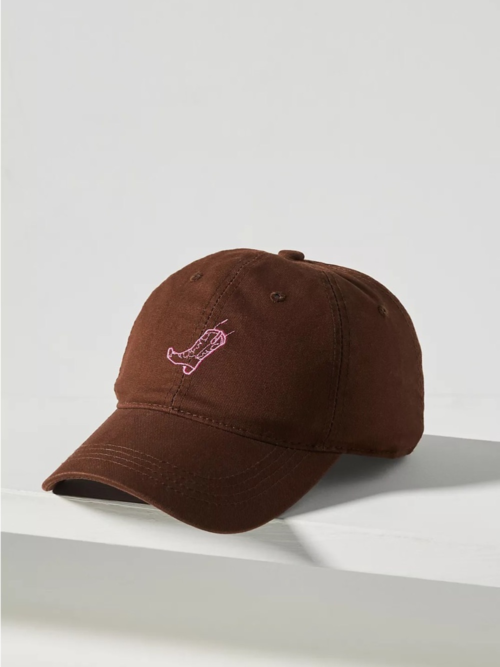 Anthropologie Brown Cap with Pink Boot Embroidery